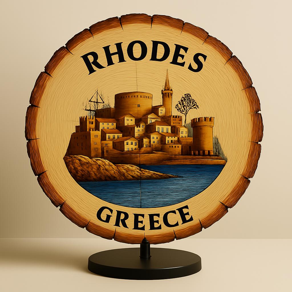 Rhodes Greece Souvenir Gift – Wood Slice Plaque for Wall or Table, Vintage Medieval City Scene for Tourists, Plate Collectors & Travel Lovers, Greek Island Decorative Gift