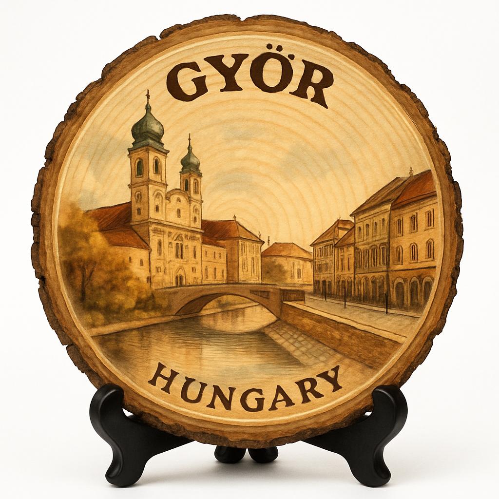 Győr Souvenir Gift – Wood Slice Plaque for Wall or Table, Hungary (Magyarország) Souvenir Gift for Tourists, Plate Collectors & Travel Lovers, Artistic City Decorative Gift