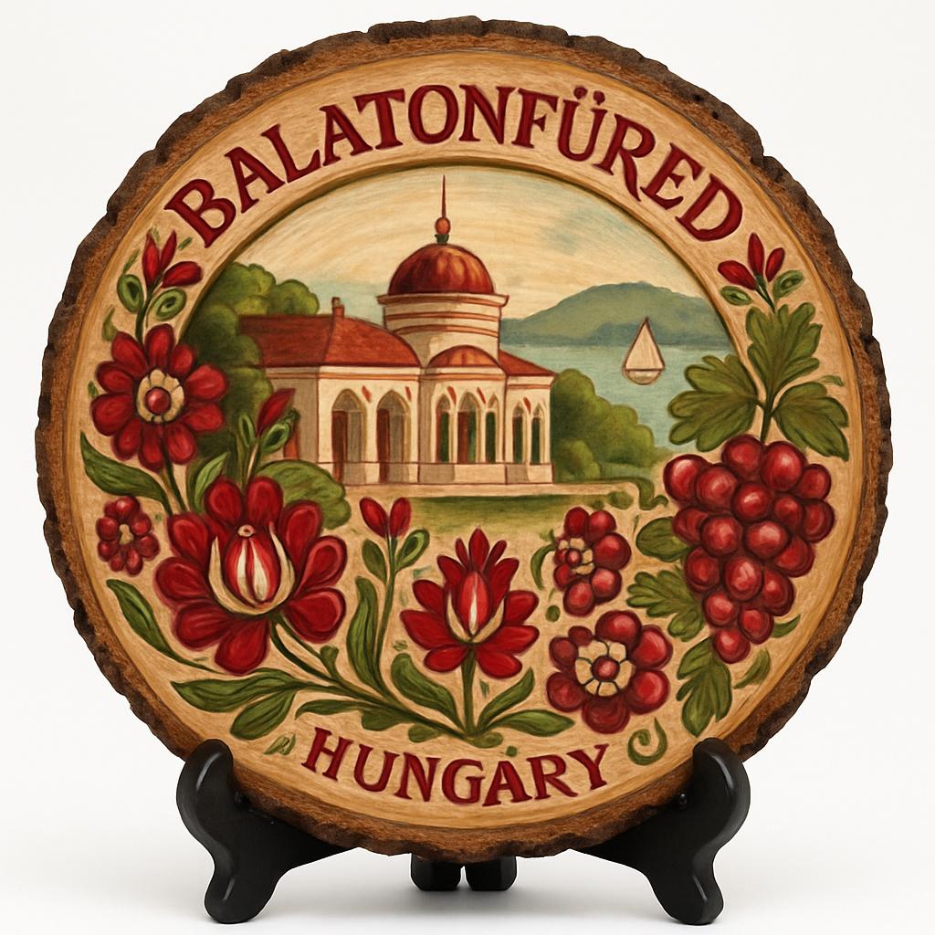 Balatonfüred Souvenir Gift – Wood Slice Plaque for Wall or Table, Hungary (Magyarország) Souvenir Gift for Tourists, Plate Collectors & Travel Lovers, Coastal Escape Decorative Gift