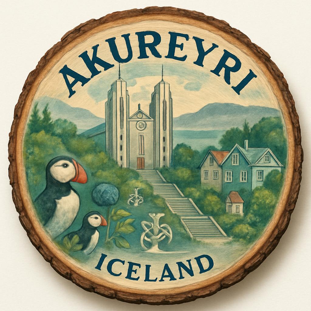 Akureyri Iceland Souvenir Gift – Wood Slice Plaque for Wall or Table, Iceland (Ísland) Souvenir Gift for Tourists, Charming Town Experience Decorative Gift