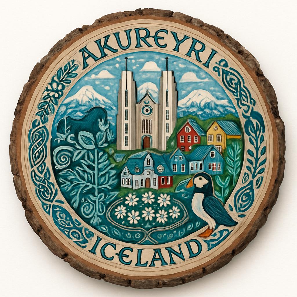 Akureyri Iceland Souvenir Gift – Wood Slice Plaque for Wall or Table, Iceland (Ísland) Souvenir Gift for Tourists, Picturesque Nature Escape Decorative Gift