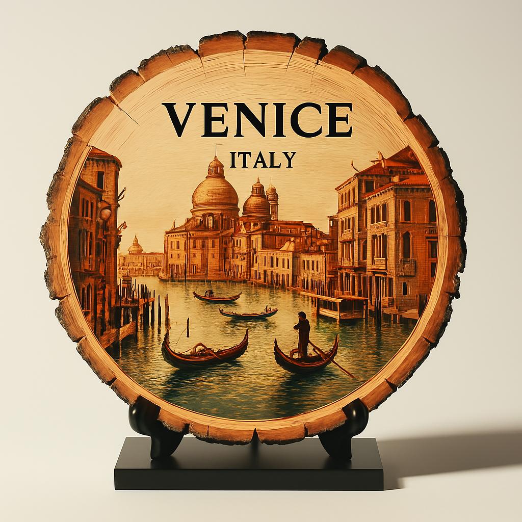Venice Italy Souvenir Gift – Wood Slice Plaque for Wall or Table, Vintage Italy Souvenir for Plate Collectors & Travel Lovers, Rustic Decorative Gift