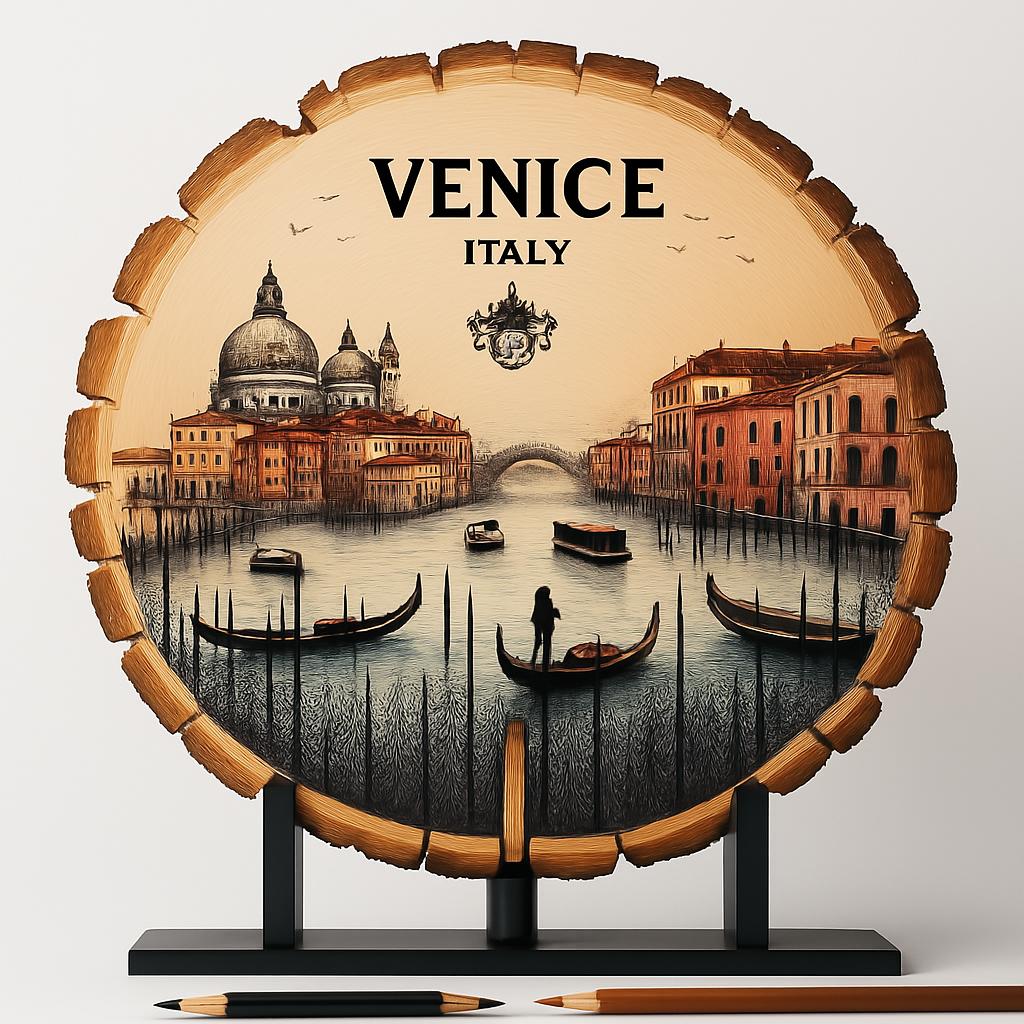 Venice Italy Souvenir Gift – Wood Slice Plaque for Wall or Table, Vintage Italy Souvenir for Plate Collectors & Travel Lovers, Rustic Decorative Gift