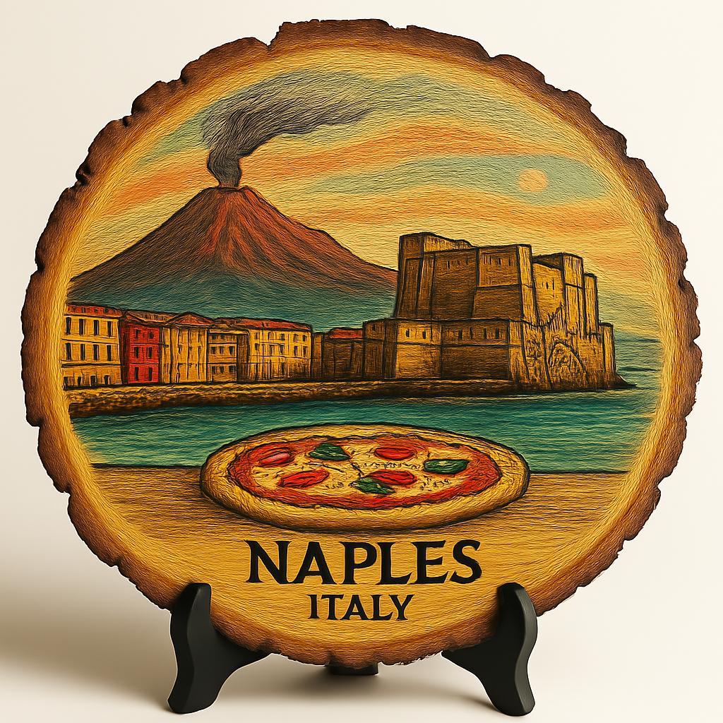 Naples Italy Souvenir Gift – Wood Slice Plaque for Wall or Table, Vintage Italy Souvenir for Plate Collectors & Travel Lovers, Rustic Decorative Gift