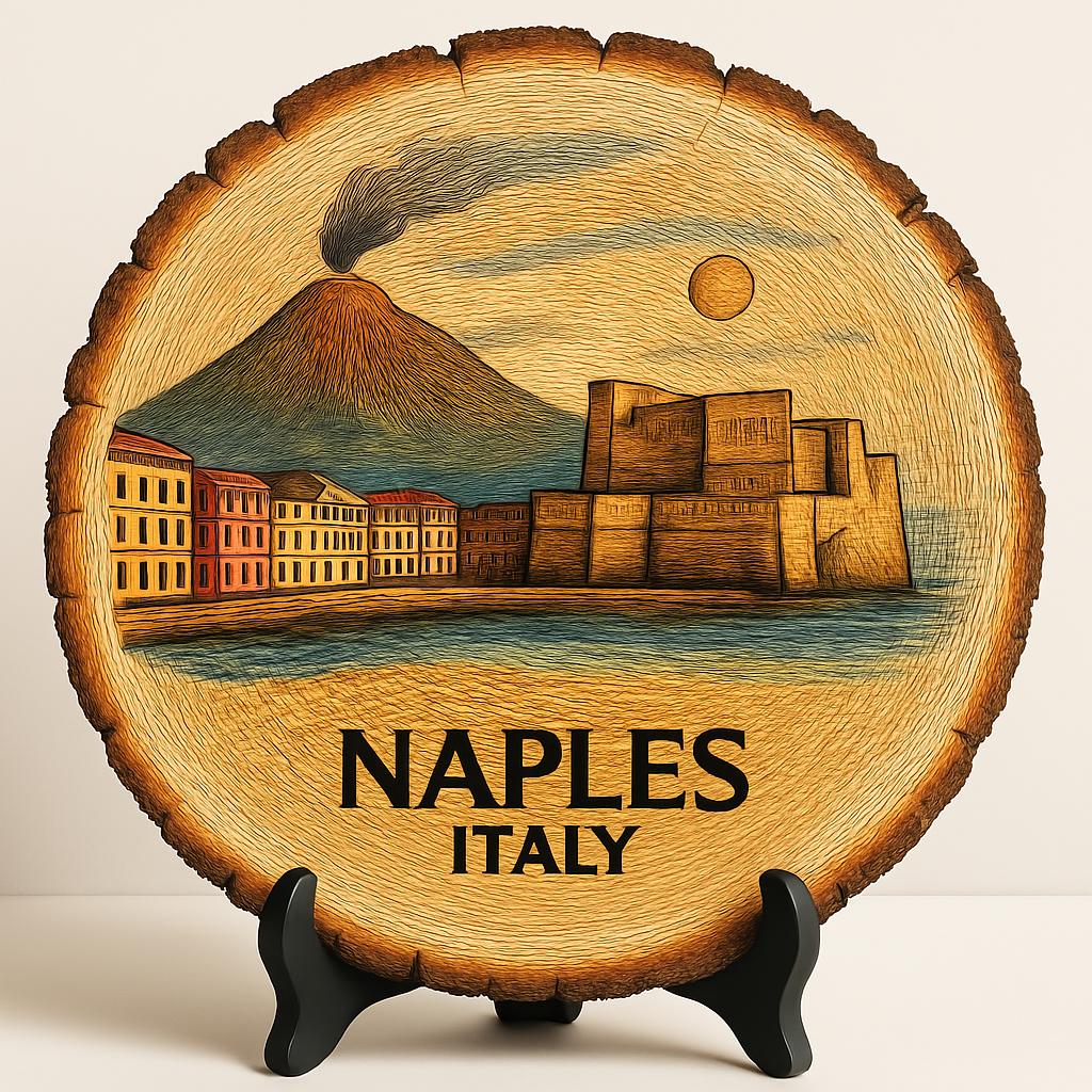Naples Italy Souvenir Gift – Wood Slice Plaque for Wall or Table, Vintage Italy Souvenir for Plate Collectors & Travel Lovers, Rustic Decorative Gift