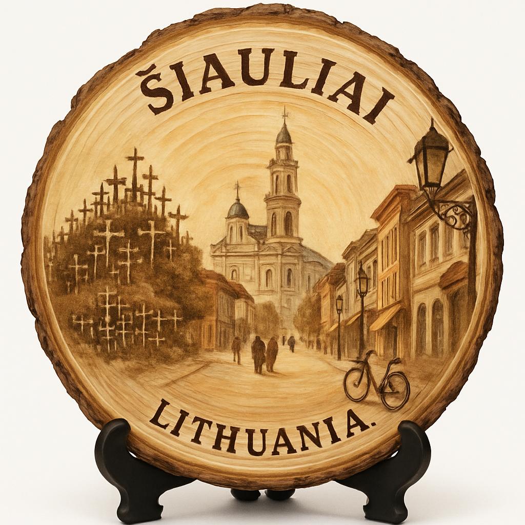 Šiauliai Souvenir Gift – Wood Slice Plaque for Wall or Table, Lithuania Souvenir for Tourists, Plate Collectors & Travel Lovers, Šiauliai Hill of Crosses Decorative Gift