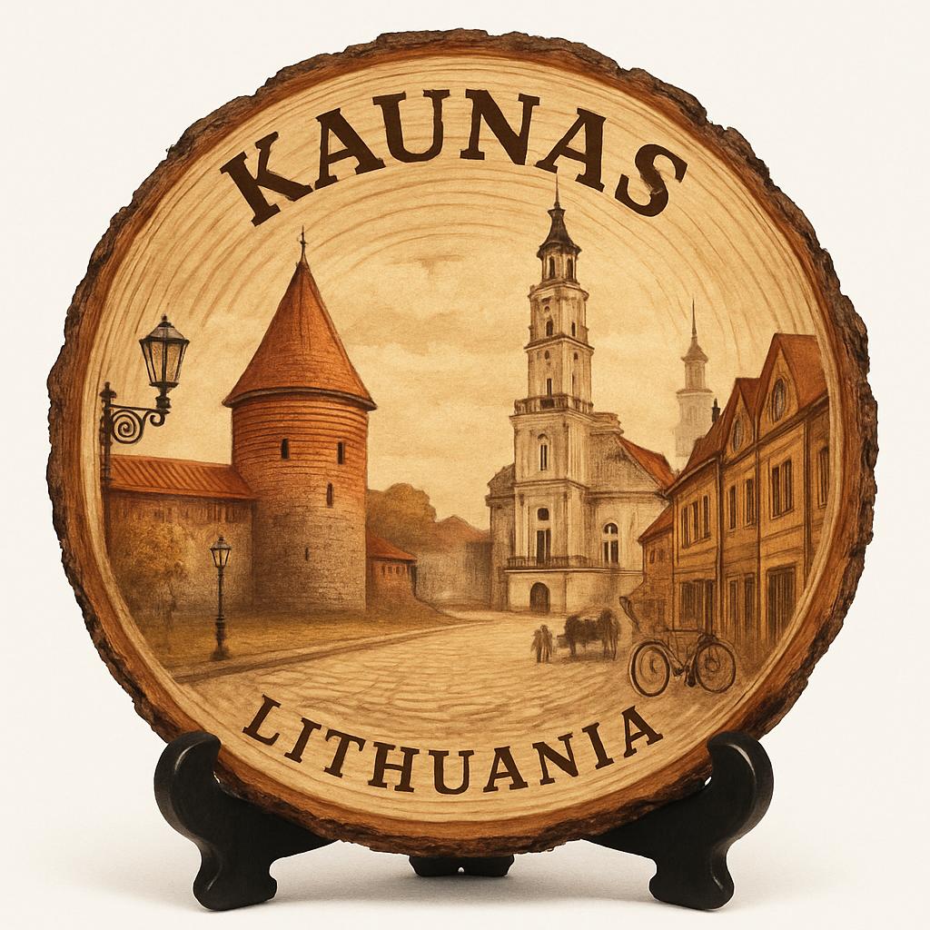 Kaunas Souvenir Gift – Wood Slice Plaque for Wall or Table, Lithuania Souvenir for Tourists, Plate Collectors & Travel Lovers, Kaunas Old Town Decorative Gift