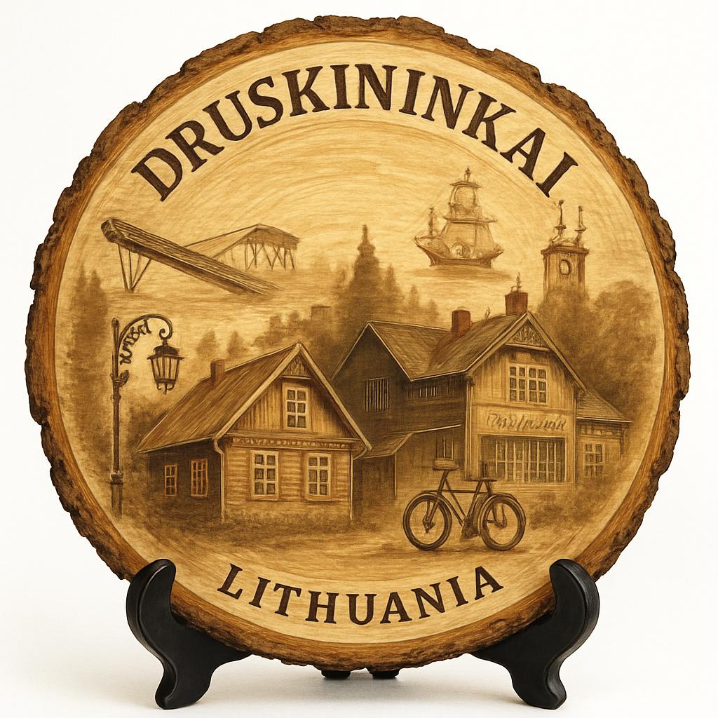 Druskininkai Souvenir Gift – Wood Slice Plaque for Wall or Table, Lithuania Souvenir for Tourists, Plate Collectors & Travel Lovers, Druskininkai Snow Arena Decorative Gift