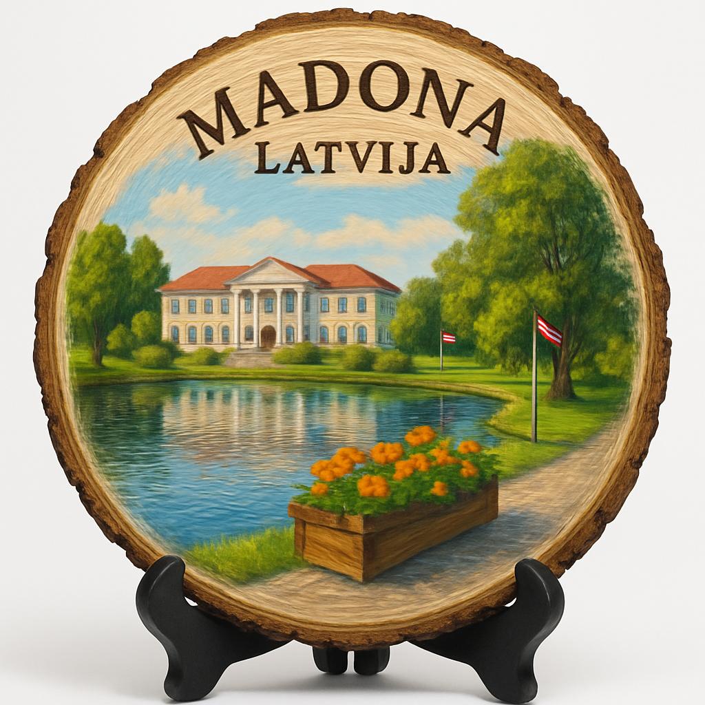 Madona Souvenir Gift – Wood Slice Plaque for Wall or Table, Latvia Souvenir for Tourists, Plate Collectors & Travel Lovers, Madona Smeceres Sils Decorative Gift
