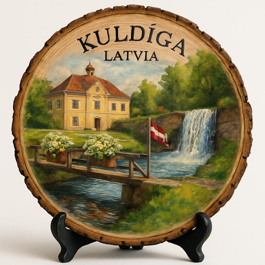 Kuldīga Souvenir Gift – Wood Slice Plaque for Wall or Table, Latvia Souvenir for Tourists, Plate Collectors & Travel Lovers, Kuldīga Old Town Decorative Gift