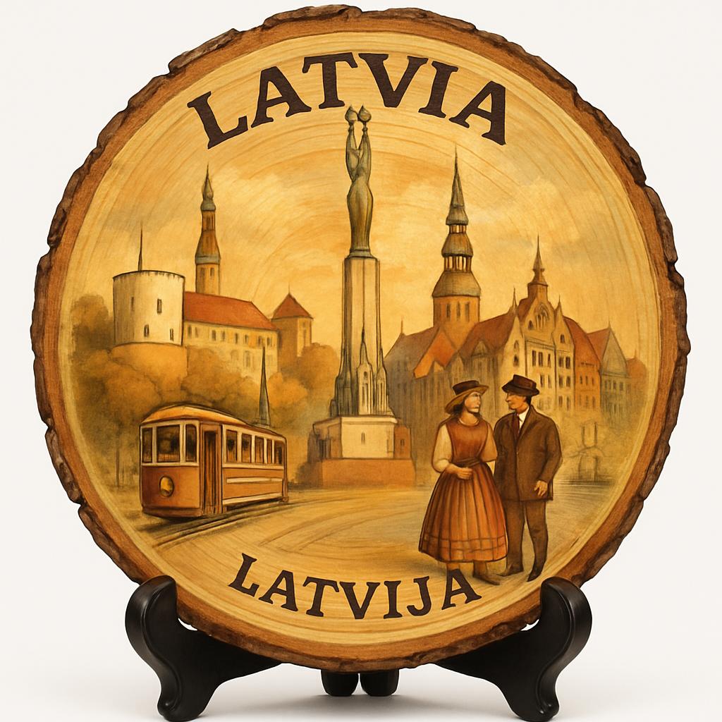 Latvia Souvenir Gift – Wood Slice Plaque for Wall or Table, Latvia Souvenir for Tourists, Plate Collectors & Travel Lovers, Riga Old Town Decorative Gift