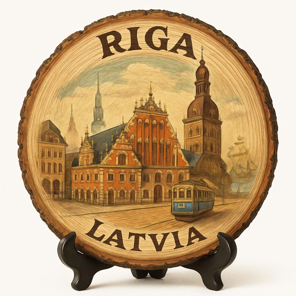 Riga Souvenir Gift – Wood Slice Plaque for Wall or Table, Latvia Souvenir for Tourists, Plate Collectors & Travel Lovers, Riga House of the Blackheads Decorative Gift