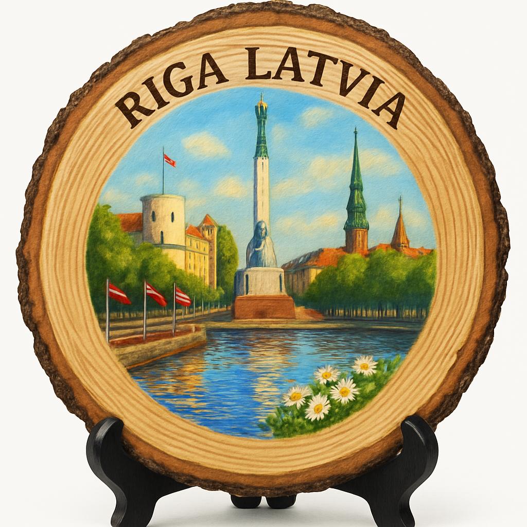 Riga Souvenir Gift – Wood Slice Plaque for Wall or Table, Latvia Souvenir for Tourists, Plate Collectors & Travel Lovers, Riga Freedom Monument Decorative Gift