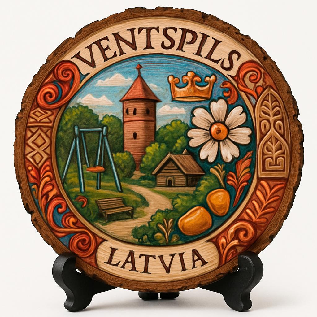 Ventspils Souvenir Gift – Wood Slice Plaque for Wall or Table, Latvia Souvenir for Tourists, Plate Collectors & Travel Lovers, Ventspils Cow Parade Decorative Gift