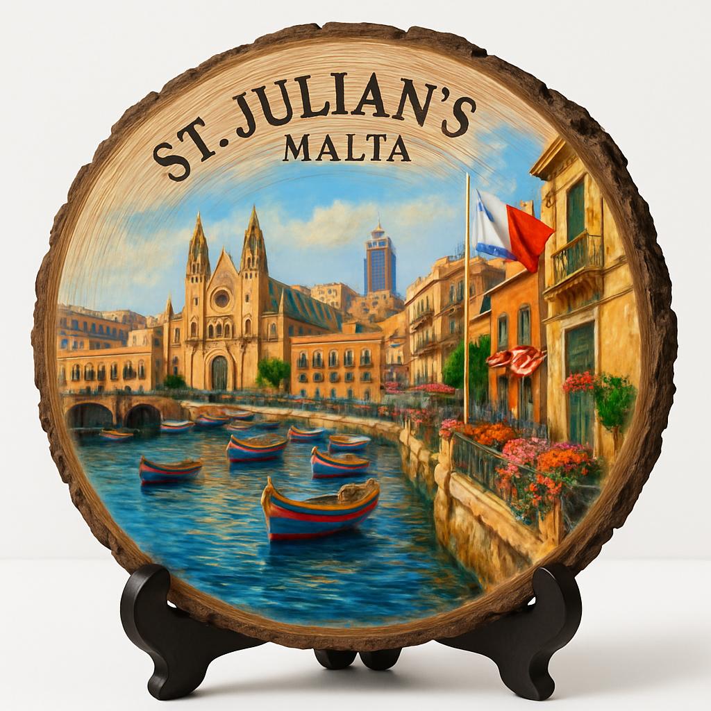 St. Julian’s Souvenir Gift – Wood Slice Plaque for Wall or Table, Malta (Malta) Souvenir Gift for Tourists, Plate Collectors & Travel Lovers, Vibrant Coastal Culture Decorative Gift