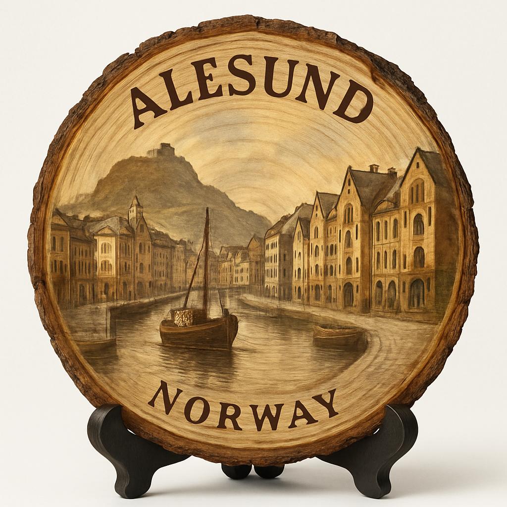Alesund Souvenir Gift – Wood Slice Plaque for Wall or Table, Norway Souvenir for Tourists, Plate Collectors & Travel Lovers, Art Nouveau Town Decorative Gift