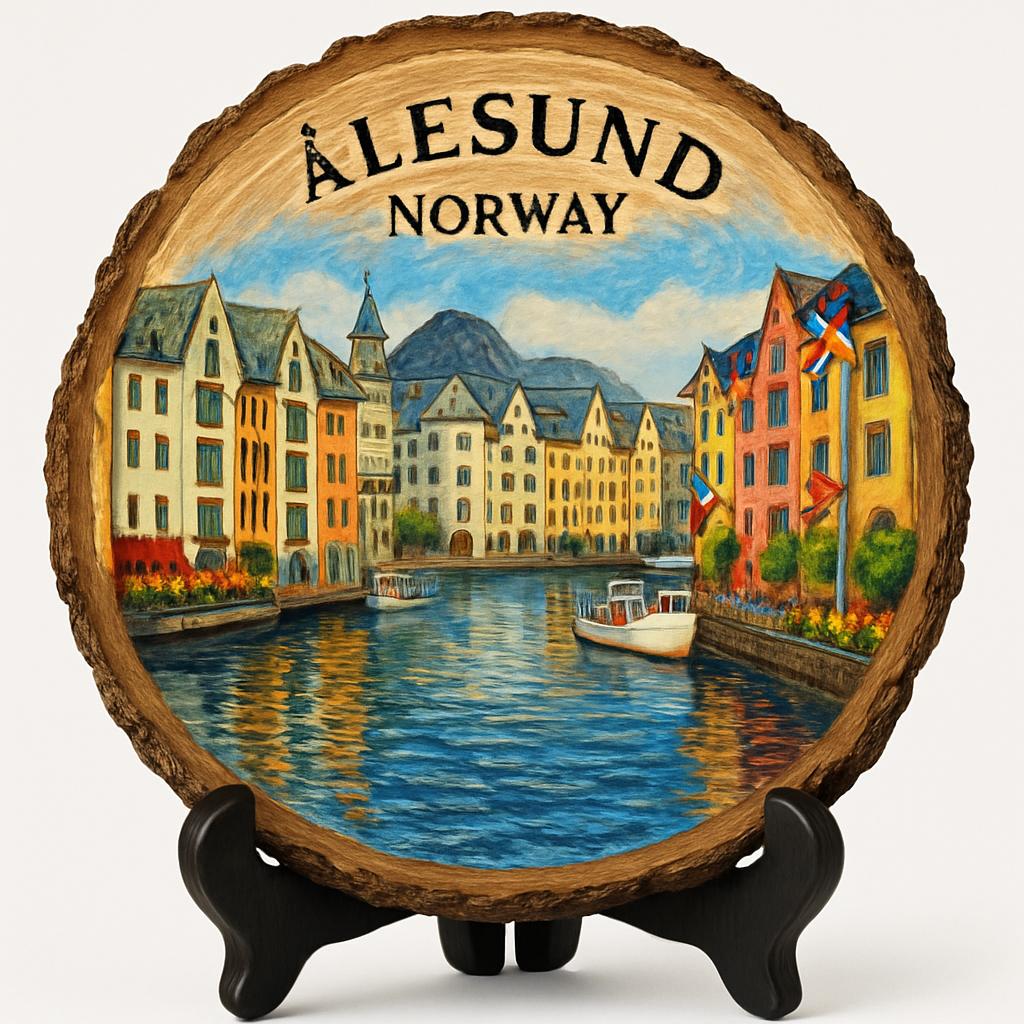 Alesund Souvenir Gift – Wood Slice Plaque for Wall or Table, Norway Souvenir for Tourists, Plate Collectors & Travel Lovers, Coastal Town Decorative Gift