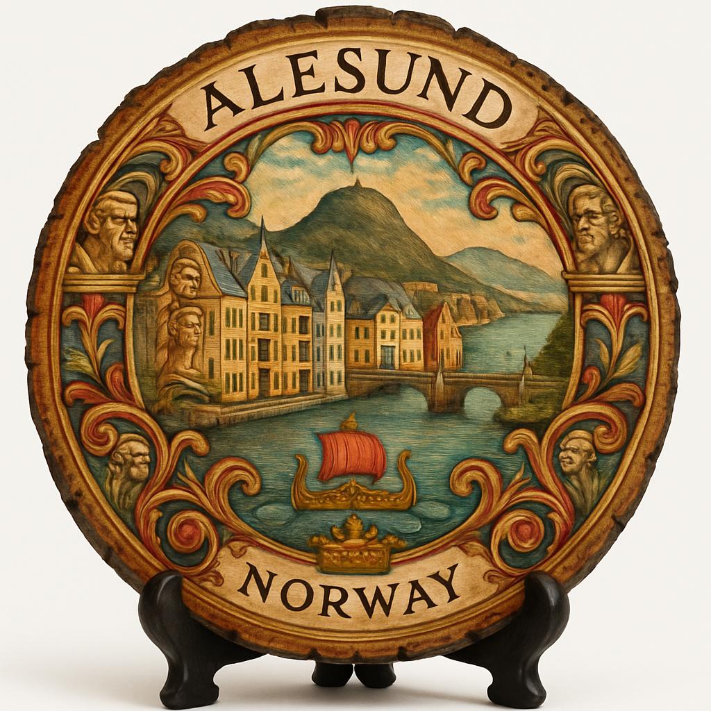 Alesund Souvenir Gift – Wood Slice Plaque for Wall or Table, Norway Souvenir for Tourists, Plate Collectors & Travel Lovers, Fjord City Decorative Gift