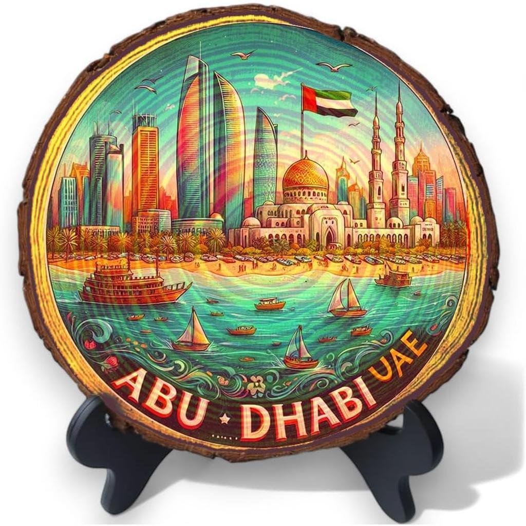 Abu Dhabi UAE Souvenir – Premium Wooden Plaque Ideal for Middle East Travel Fans, Table Decor & Cultural Collectors