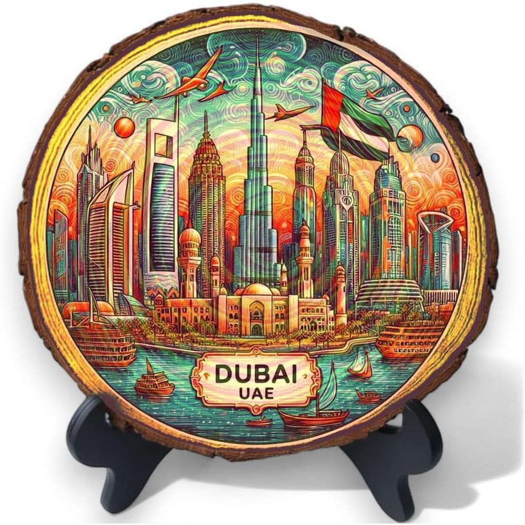 Dubai UAE Souvenir – Futuristic Skyline Wood Slice Plaque Ideal for Luxury Lovers & Middle Eastern Travel Enthusiasts