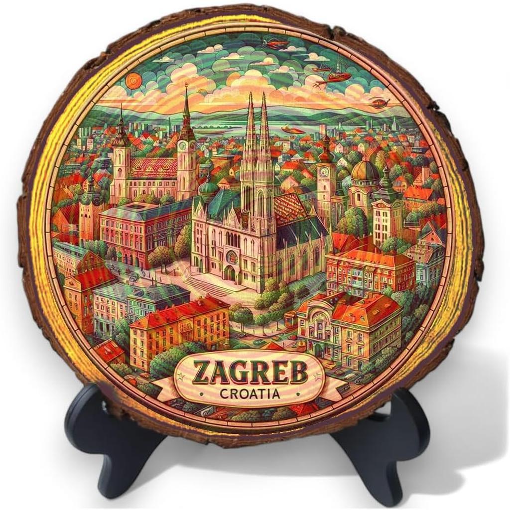Zagreb Croatia Travel Gift – Balkan-Inspired Wood Slice Plaque Ideal for Cultural Collectors & European Heritage Fans