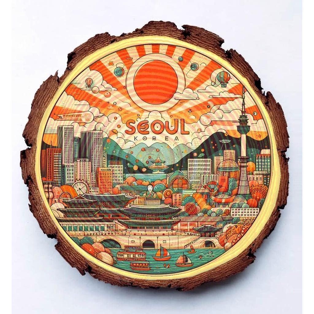 Seoul Korea Travel Souvenir – Cityscape Wood Plaque Ideal for K-drama Fans & Korean Culture Collectors