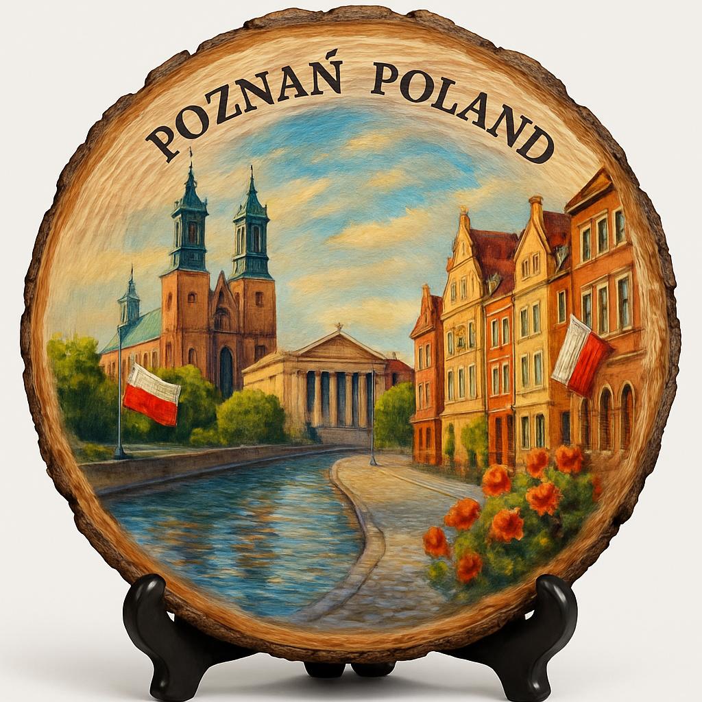 Poznań Souvenir Gift – Wood Slice Plaque for Wall or Table, Poland Souvenir for Tourists, Plate Collectors & Travel Lovers, Trade City Decorative Gift