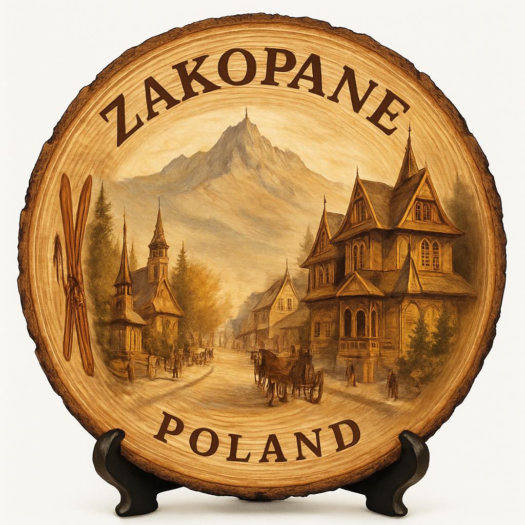 Zakopane Souvenir Gift – Wood Slice Plaque for Wall or Table, Poland Souvenir for Tourists, Plate Collectors & Travel Lovers, Mountain Resort Decorative Gift