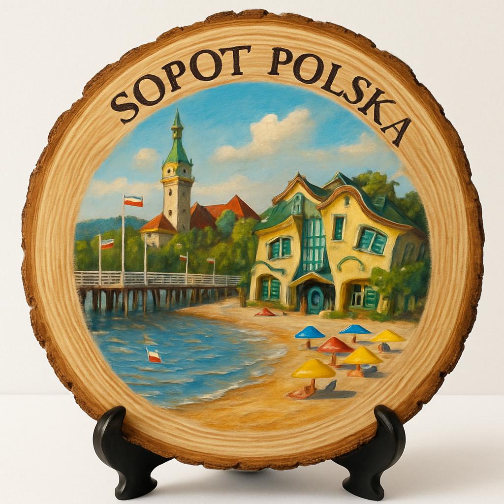 Sopot Souvenir Gift – Wood Slice Plaque for Wall or Table, Poland Souvenir for Tourists, Plate Collectors & Travel Lovers, Seaside Town Decorative Gift