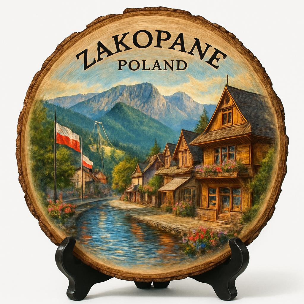 Zakopane Souvenir Gift – Wood Slice Plaque for Wall or Table, Poland Souvenir for Tourists, Plate Collectors & Travel Lovers, Winter Sports Hub Decorative Gift