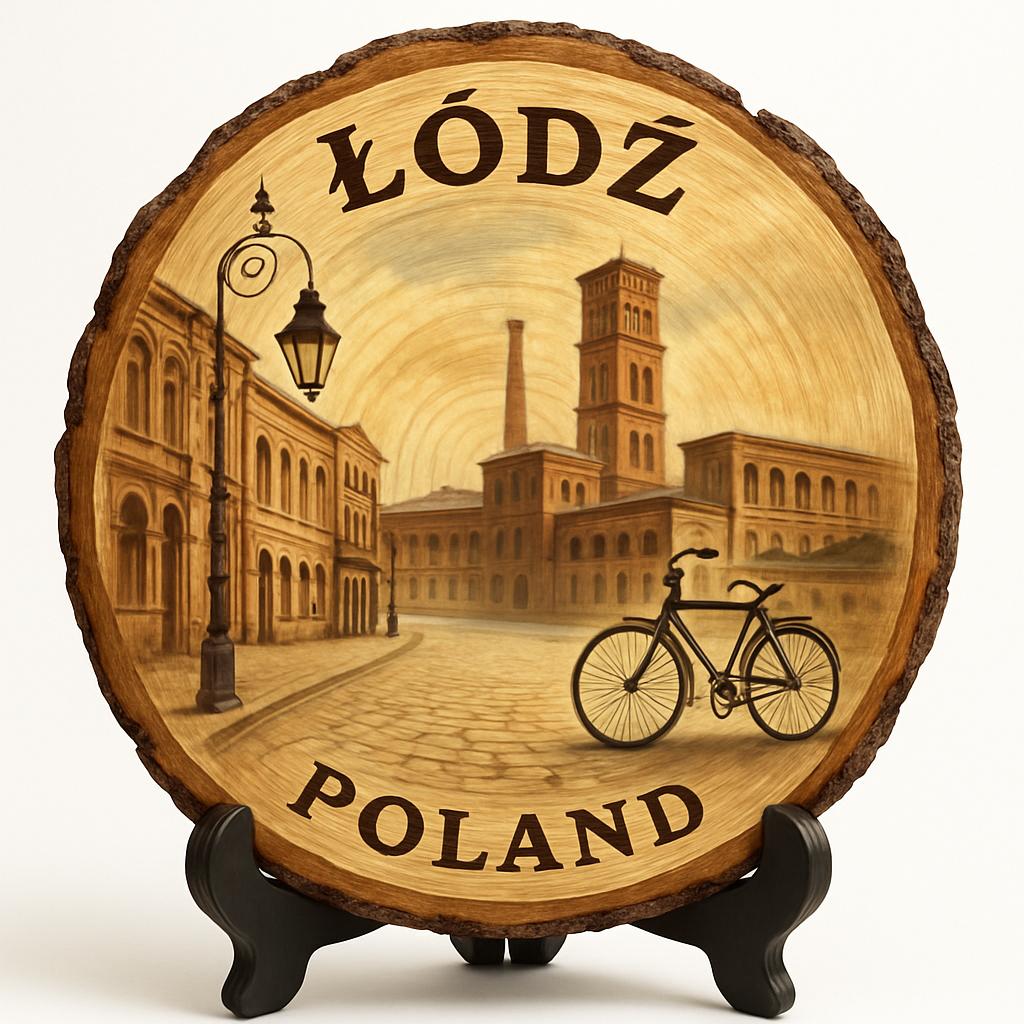 Łódź Souvenir Gift – Wood Slice Plaque for Wall or Table, Poland Souvenir for Tourists, Plate Collectors & Travel Lovers, Industrial City Decorative Gift