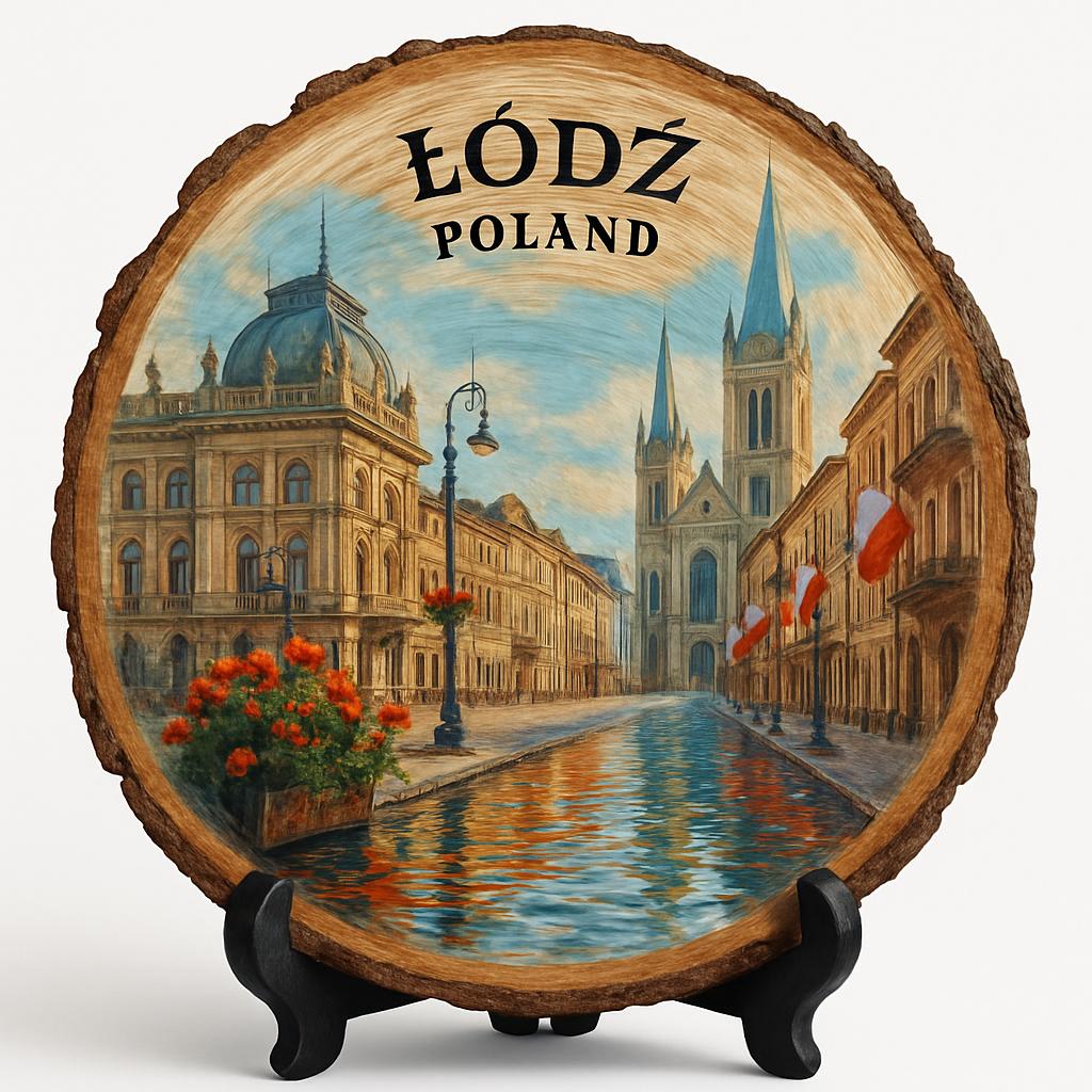 Łódź Souvenir Gift – Wood Slice Plaque for Wall or Table, Poland Souvenir for Tourists, Plate Collectors & Travel Lovers, Film City Decorative Gift