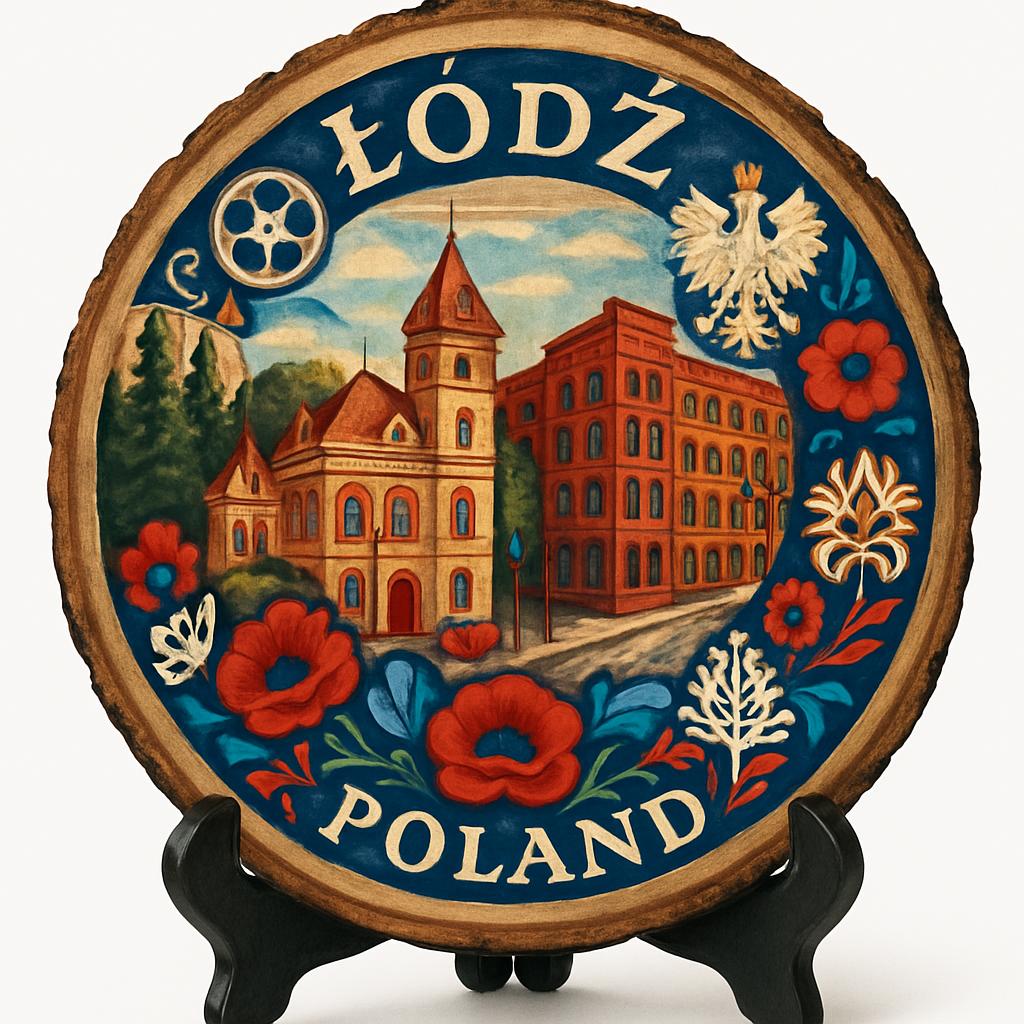Łódź Souvenir Gift – Wood Slice Plaque for Wall or Table, Poland Souvenir for Tourists, Plate Collectors & Travel Lovers, Historic Textile Hub Decorative Gift