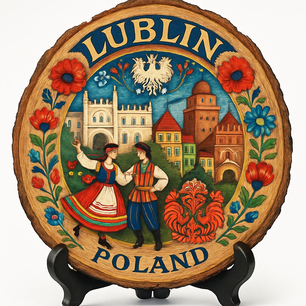 Lublin Souvenir Gift – Wood Slice Plaque for Wall or Table, Poland Souvenir for Tourists, Plate Collectors & Travel Lovers, Medieval City Decorative Gift