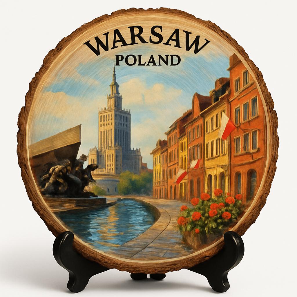 Warsaw Souvenir Gift – Wood Slice Plaque for Wall or Table, Poland Souvenir for Tourists, Plate Collectors & Travel Lovers, Historic City Decorative Gift