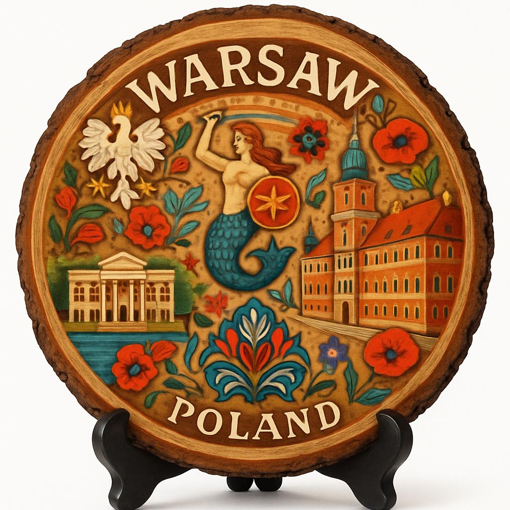 Warsaw Souvenir Gift – Wood Slice Plaque for Wall or Table, Poland Souvenir for Tourists, Plate Collectors & Travel Lovers, Phoenix City Decorative Gift