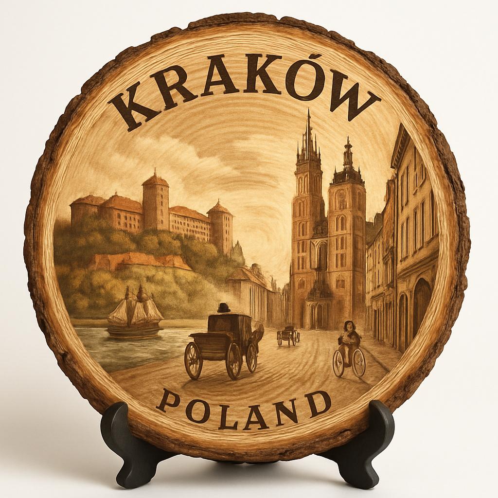 Kraków Souvenir Gift – Wood Slice Plaque for Wall or Table, Poland Souvenir for Tourists, Plate Collectors & Travel Lovers, Historic City Decorative Gift