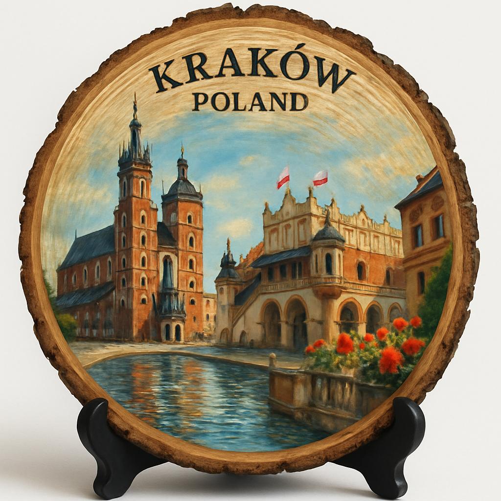 Kraków Souvenir Gift – Wood Slice Plaque for Wall or Table, Poland Souvenir for Tourists, Plate Collectors & Travel Lovers, Cultural Hub Decorative Gift