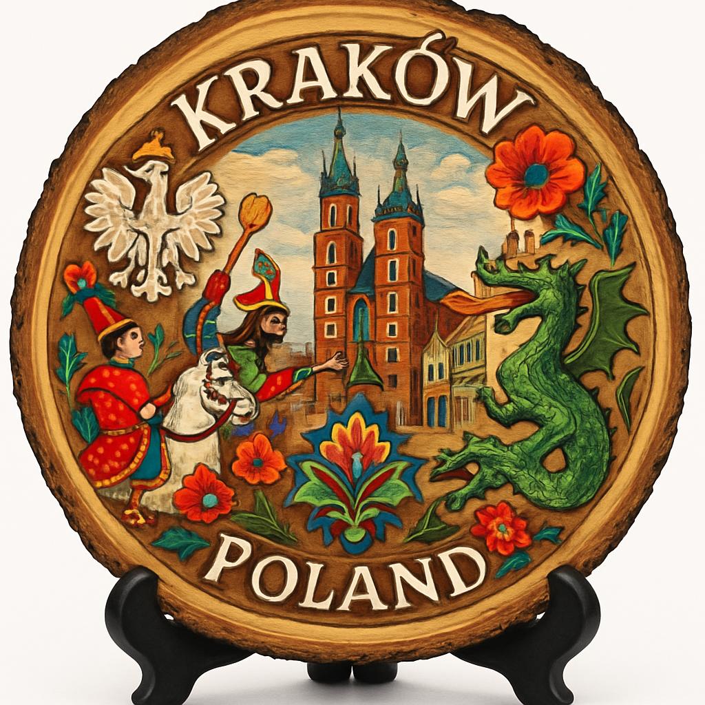 Kraków Souvenir Gift – Wood Slice Plaque for Wall or Table, Poland Souvenir for Tourists, Plate Collectors & Travel Lovers, Medieval Town Decorative Gift