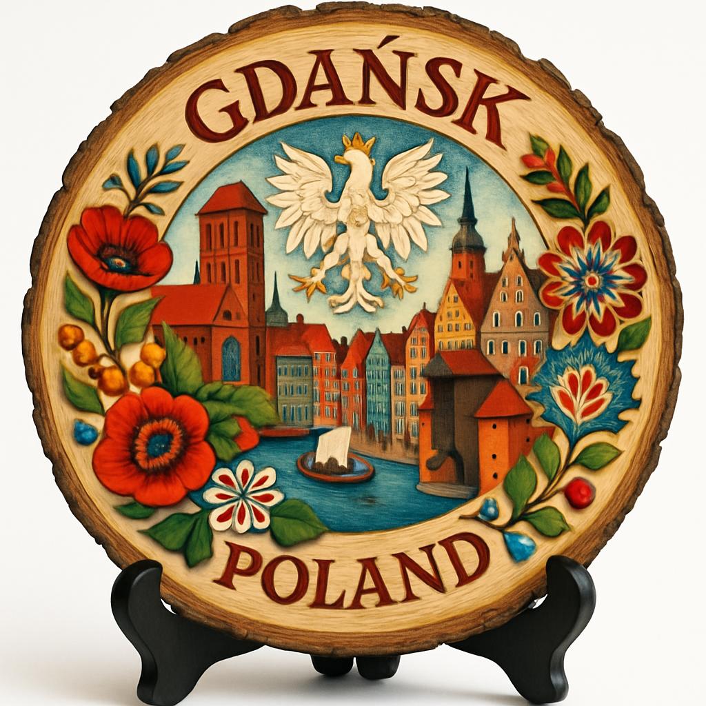 Gdańsk Souvenir Gift – Wood Slice Plaque for Wall or Table, Poland Souvenir for Tourists, Plate Collectors & Travel Lovers, Amber Capital Decorative Gift