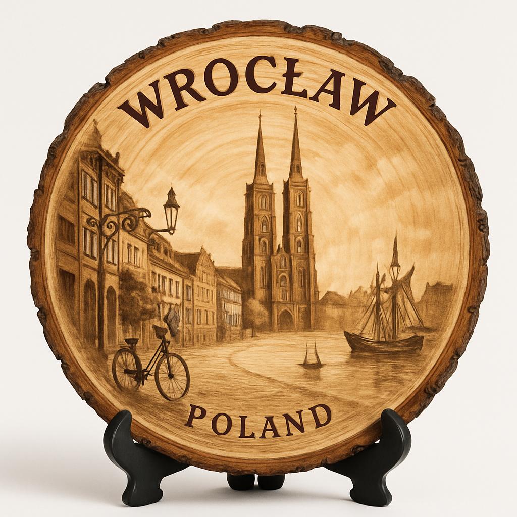 Wrocław Souvenir Gift – Wood Slice Plaque for Wall or Table, Poland Souvenir for Tourists, Plate Collectors & Travel Lovers, City of Bridges Decorative Gift