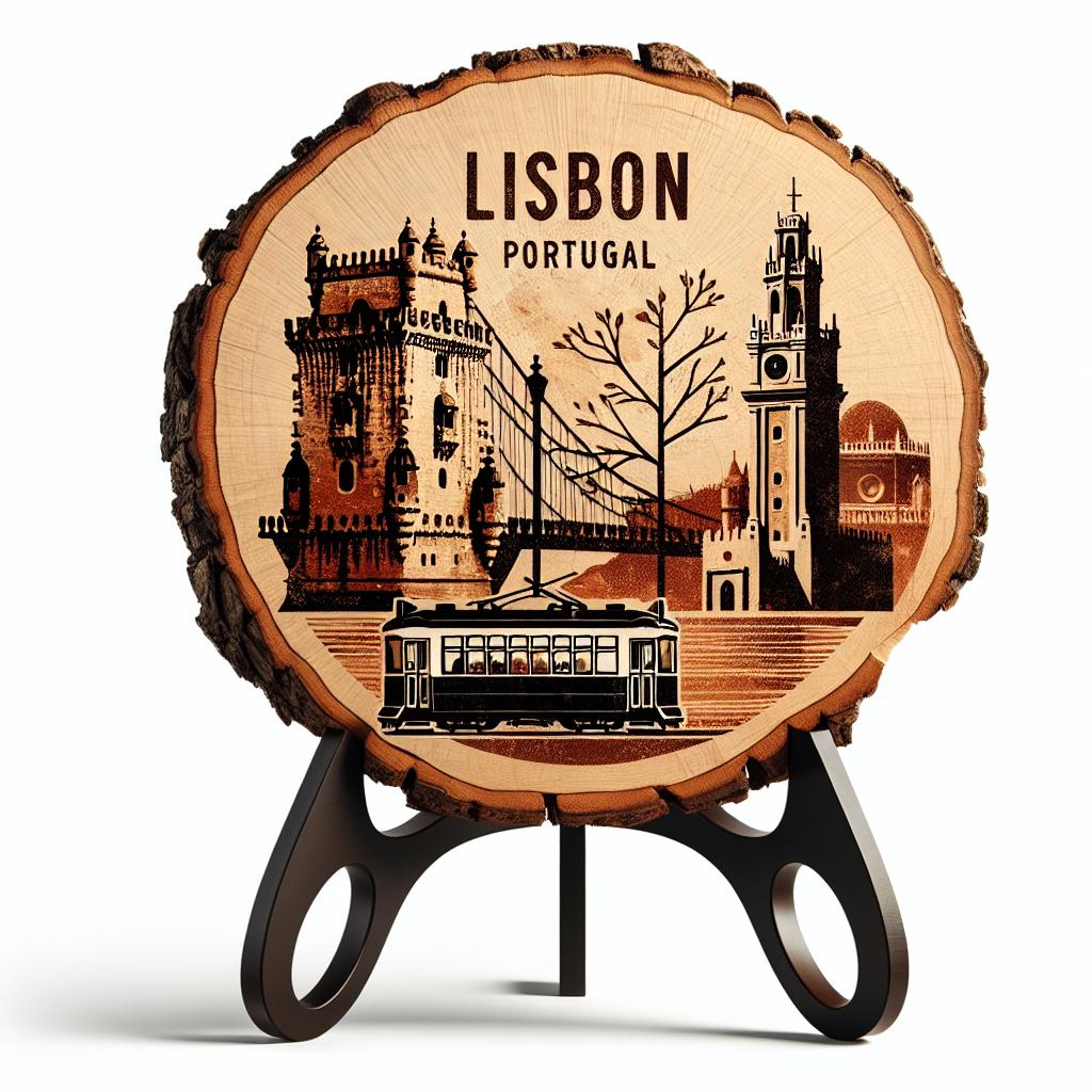 Lisbon Souvenir Gift – Wood Slice Plaque for Wall or Table, Portugal Souvenir Keepsake for Travelers & Collectors