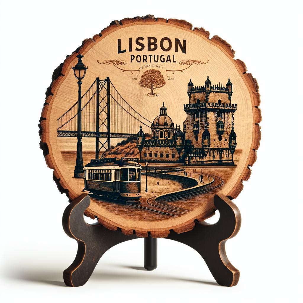 Lisbon Souvenir Decor – Rustic Wood Slice Tabletop Gift, Portugal Souvenir for Coastal Culture Fans