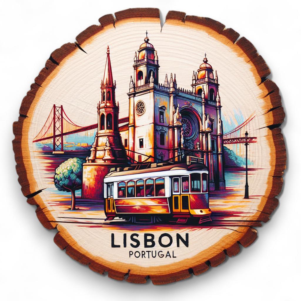 Lisbon Souvenir Display – Hand-Made Wood Slice Table Plaque, Portugal Souvenir for Culture Seekers