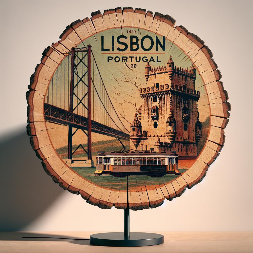 Lisbon Souvenir Tabletop Gift – Artistic Wood Slice Decor, Portugal Souvenir for Landmark Collectors