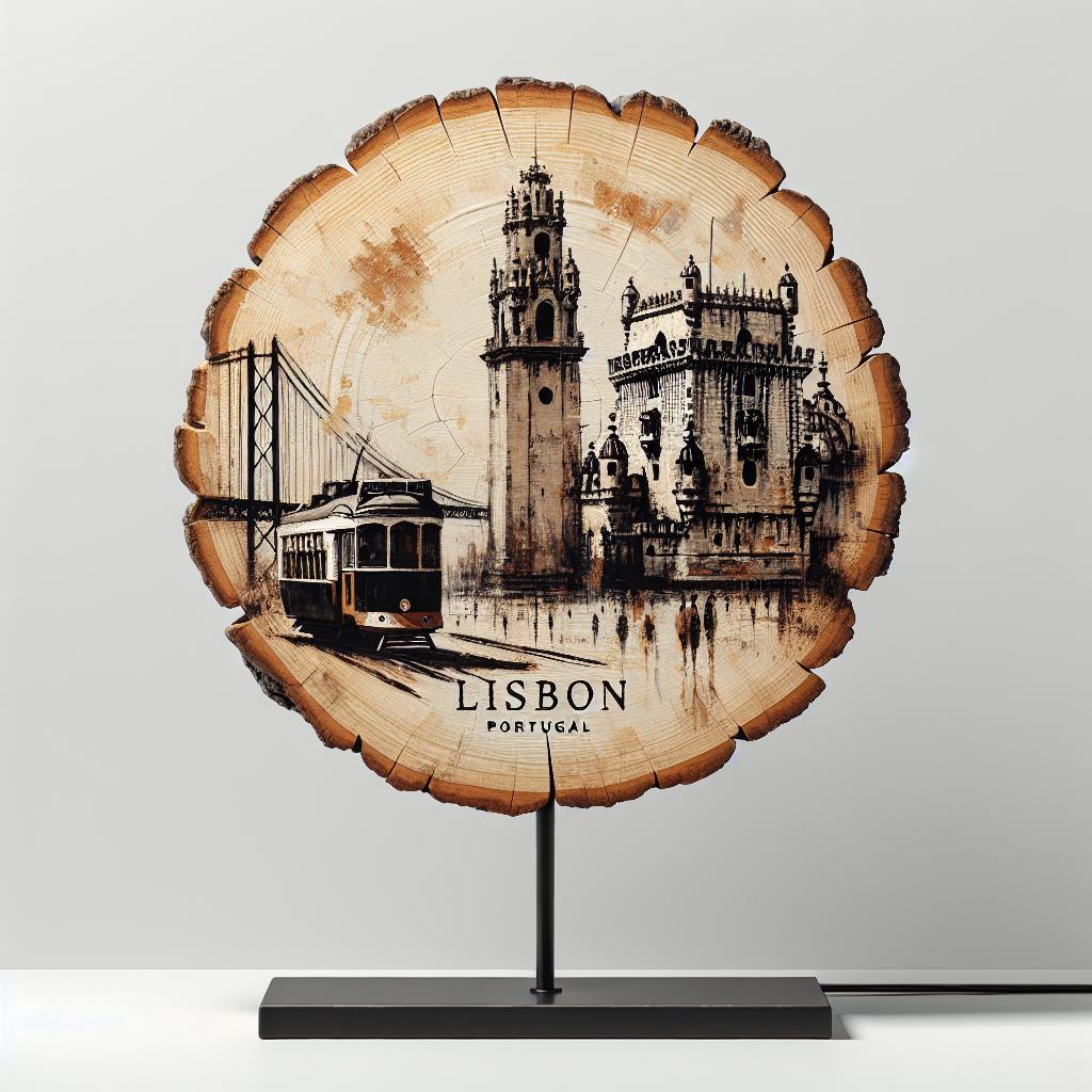 Lisbon Souvenir Travel Keepsake – Wood Slice Collector Plaque, Portugal Souvenir Display for Home or Office
