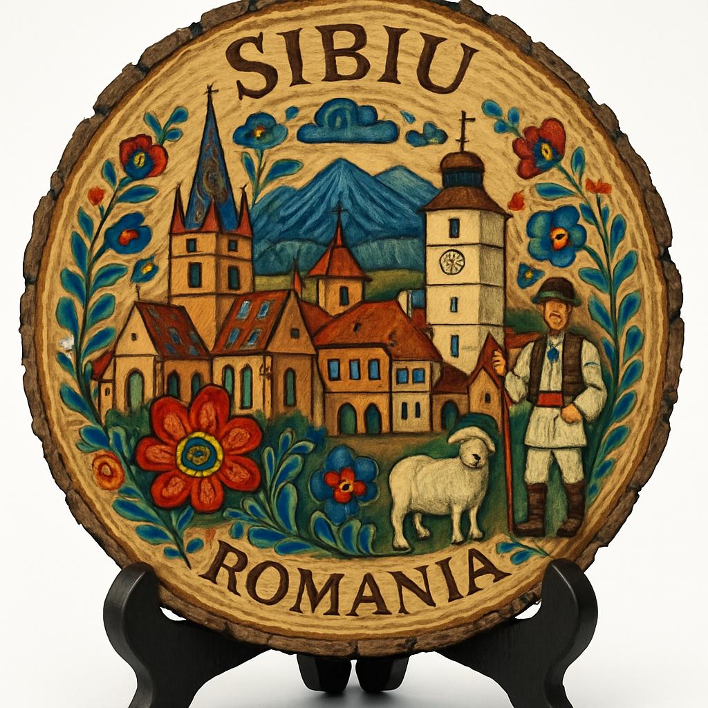 Sibiu Souvenir Gift – Wood Slice Plaque for Wall or Table, Romania (România) Souvenir Gift for Tourists, Plate Collectors & Travel Lovers, Enchanting Village Decorative Gift