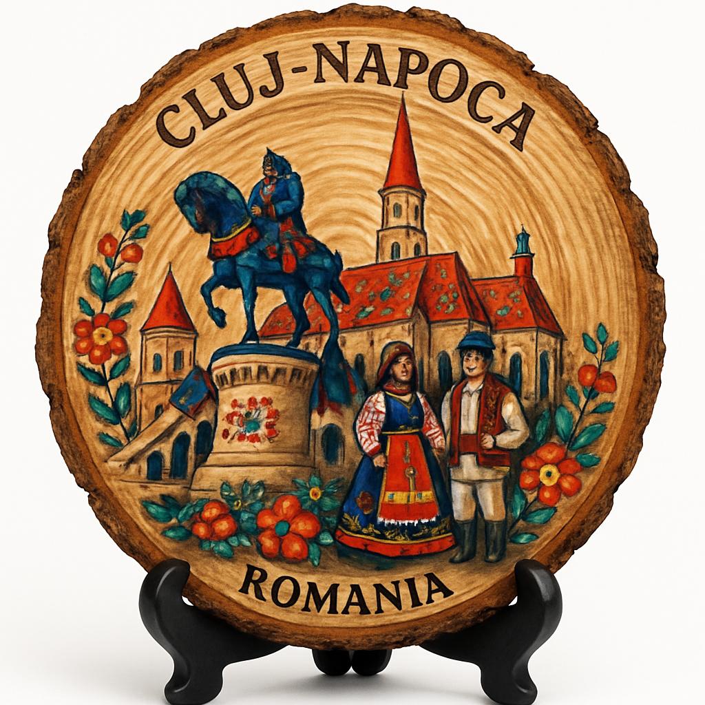 Cluj-Napoca Souvenir Gift – Wood Slice Plaque for Wall or Table, Romania (România) Souvenir Gift for Tourists, Plate Collectors & Travel Lovers, Modern Urban Life Decorative Gift