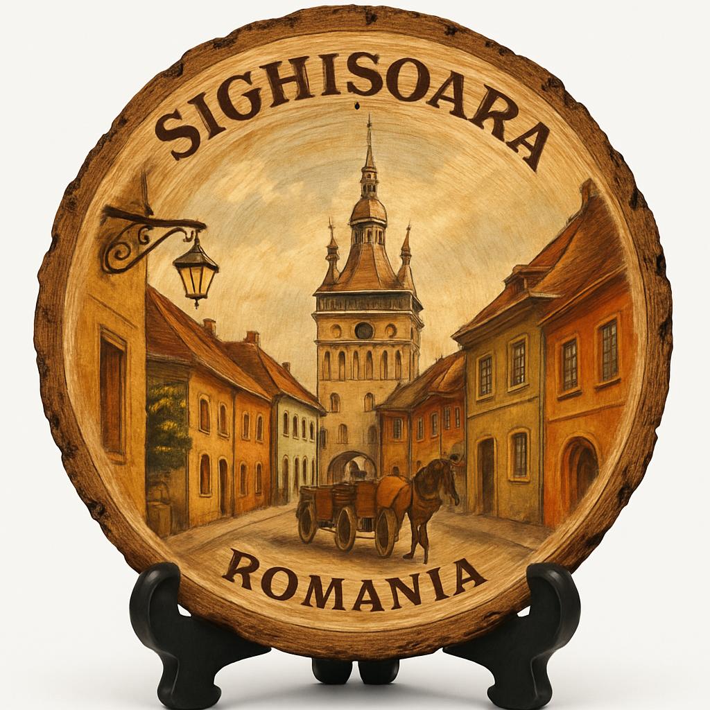 Sighișoara Souvenir Gift – Wood Slice Plaque for Wall or Table, Romania (România) Souvenir Gift for Tourists, Plate Collectors & Travel Lovers, Medieval Heritage Decorative Gift