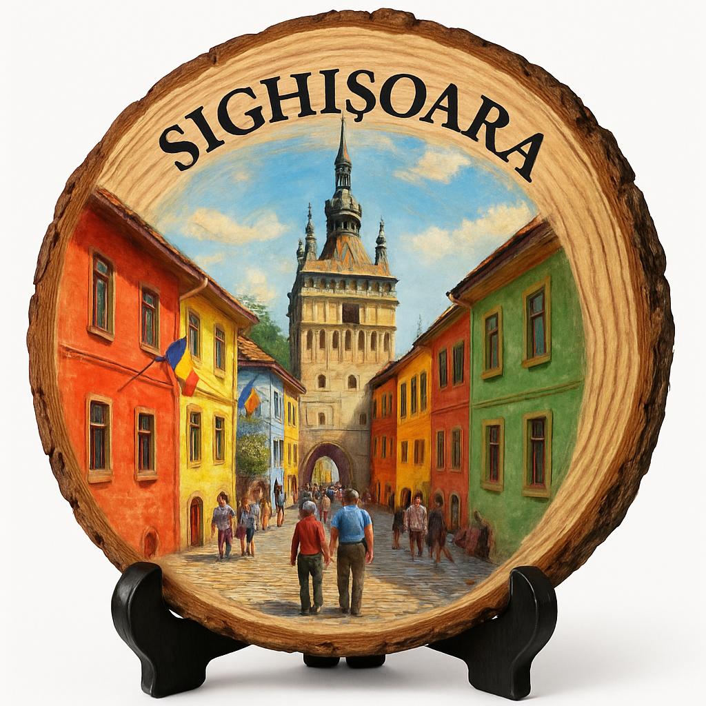 Sighișoara Souvenir Gift – Wood Slice Plaque for Wall or Table, Romania (România) Souvenir Gift for Tourists, Plate Collectors & Travel Lovers, Enchanting Village Decorative Gift